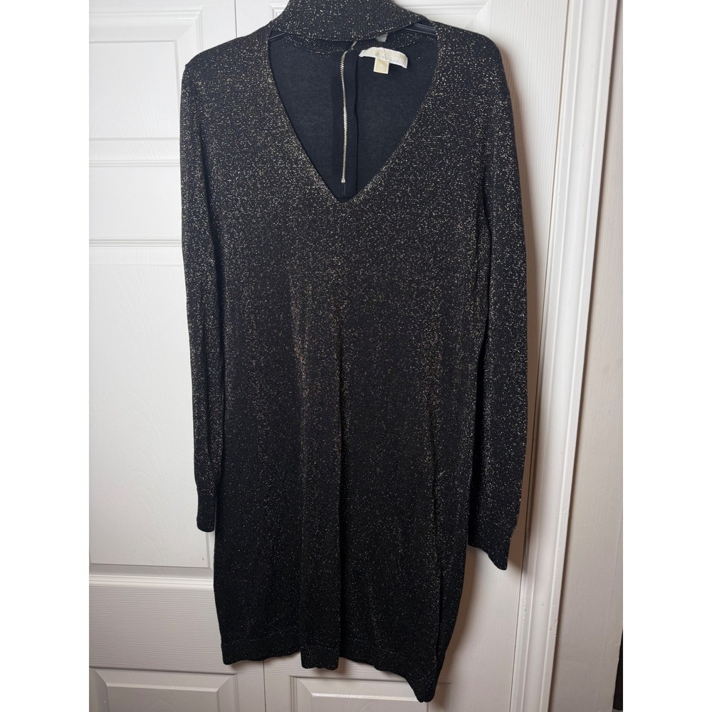 Michael Kors Womens Black Gold Metallic Choker V-Neck Zipper Sweater Dress XL